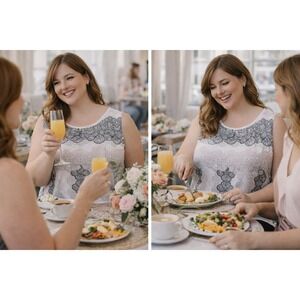 Wm's 3X Crochet Floral Sleeveless Top | Gray Black Pink Lace Detail Round Neck